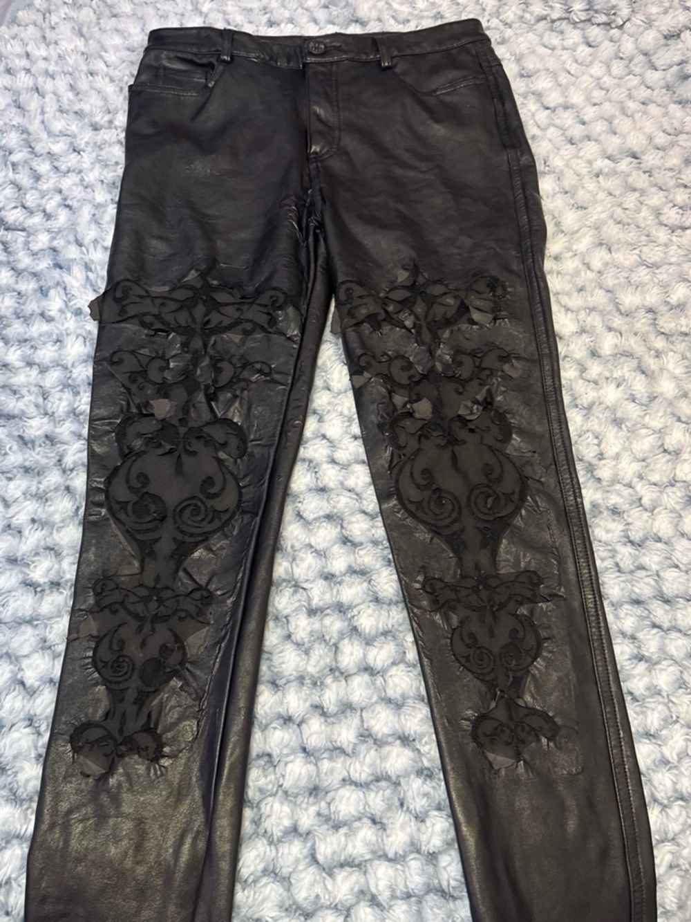 Black Embroidered Faux Leather Leggings with Baroque Appliqué